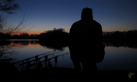 Night Fishing for Carp - Sunset on a winter fishing trip with angler and fishing rods